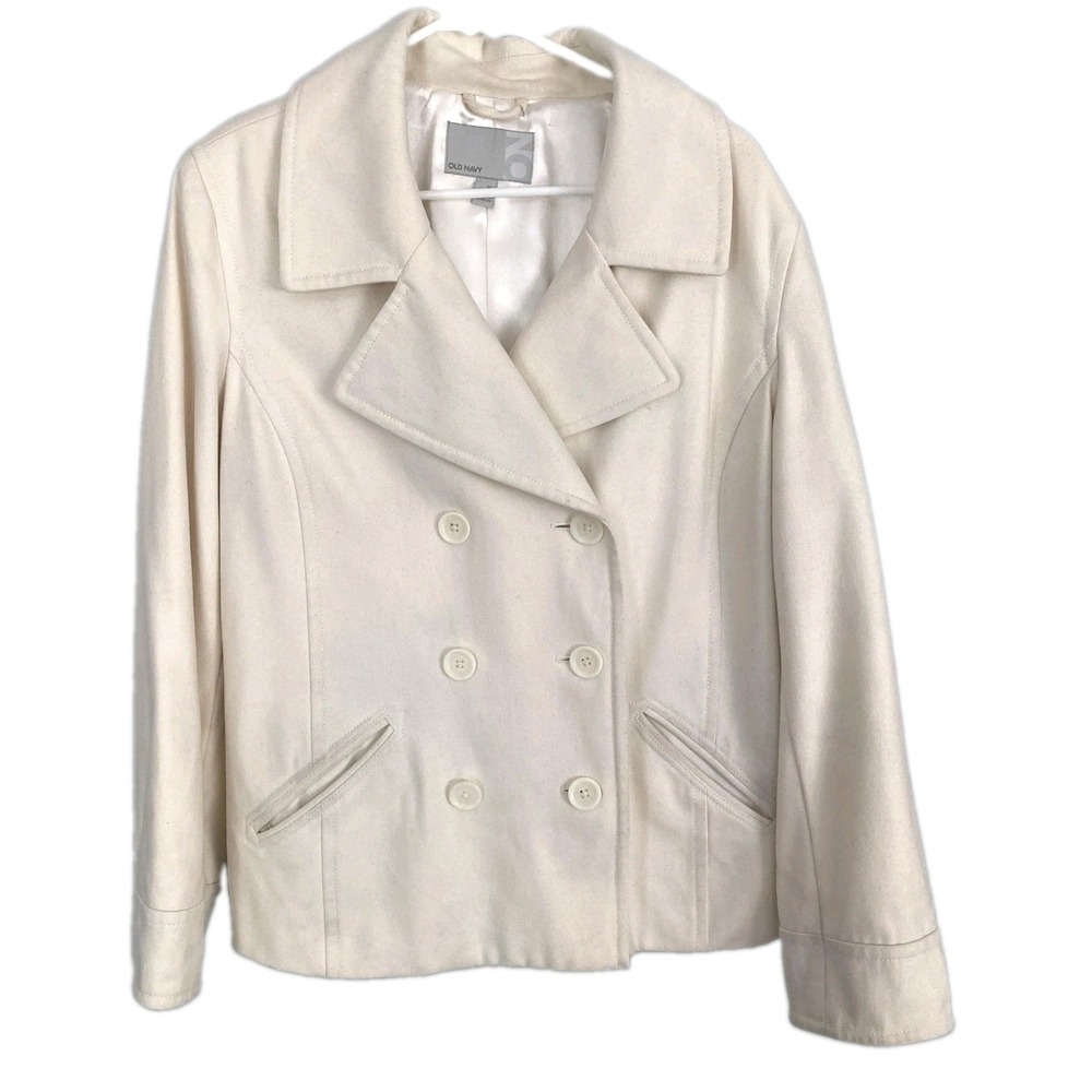 Old Navy Coat Women XL White Wool Blend Pea Coat Lined Pockets Double Breasted